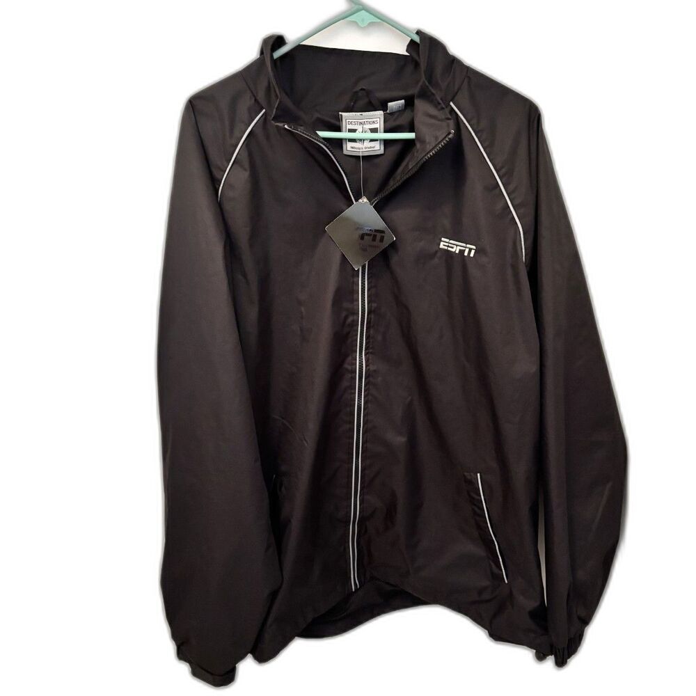 ESPN Black Full Zip Windbreaker Jacket XL NWT Lightweight Athletic Track Jacket